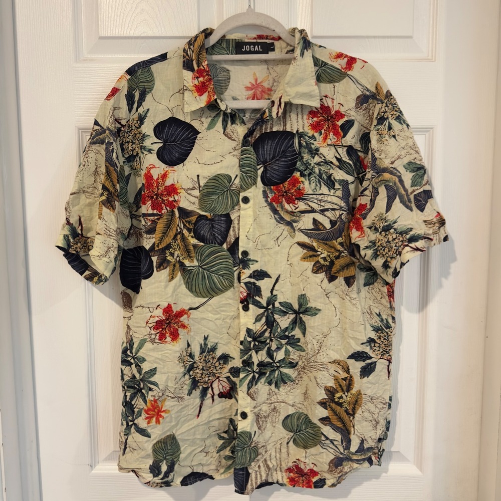 Jogal Mens Tropical Floral Short Sleeve Button Down Shirt Cream Red Large
